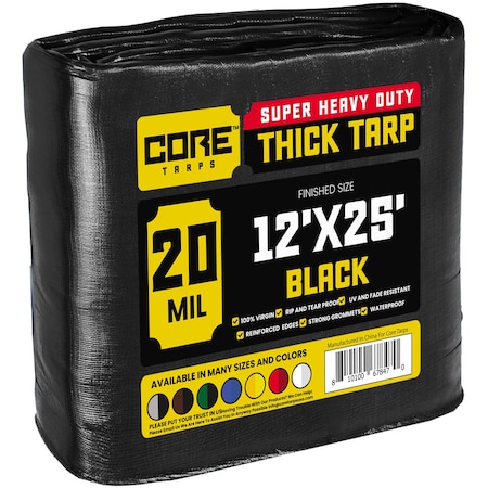 Core Tarps Heavy Duty Tarp, 12 ft x 25 ft, 20 Mil, Black, Polyethylene CT-706-12x25